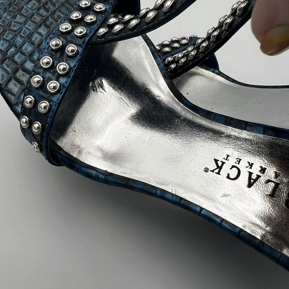 White House Black Market Paris Blue Studded Ankle Strap Wedges‎ Size 9.5